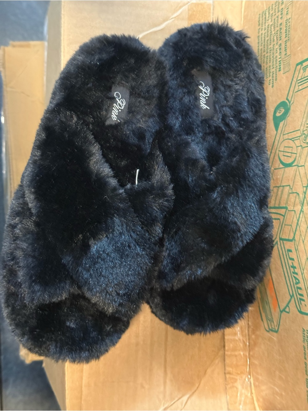 PINK Victoria's Secret Black Faux Fur Slide Slippers